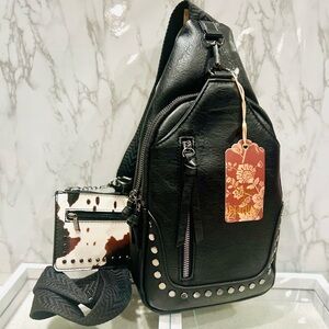 Sam & Hadley Guitar Strap Mini Studded Sling Bag with Pochette NWT